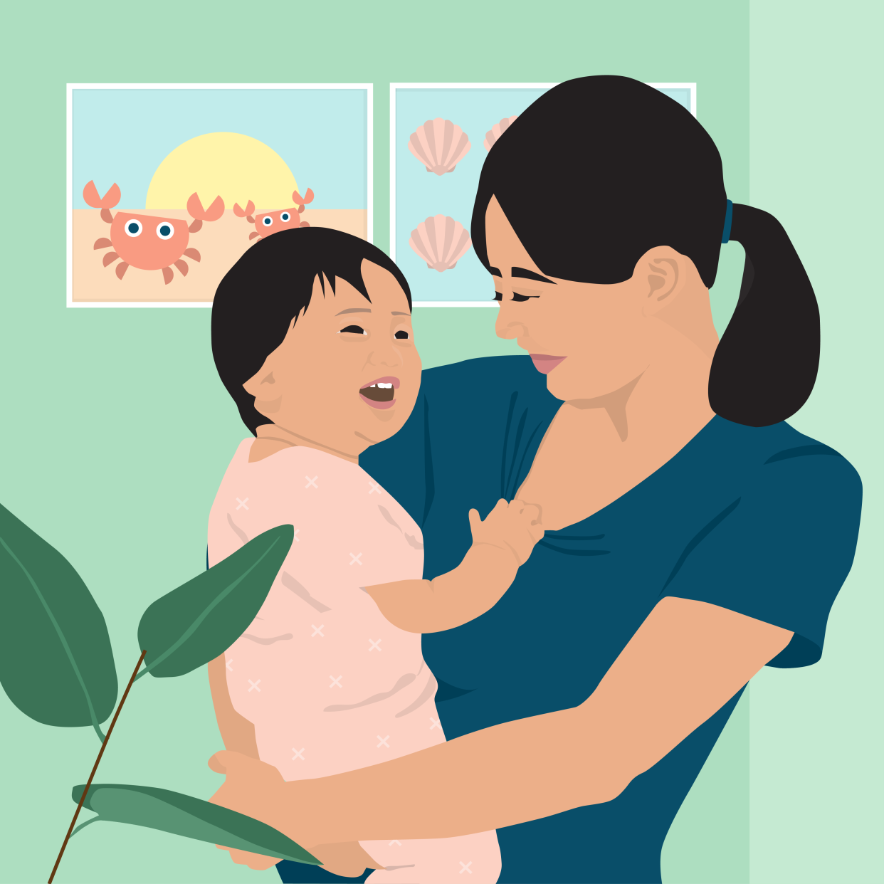 Asian Mother Holding Baby Pulling on Shirt Illustration