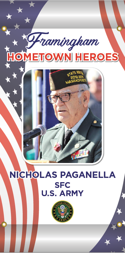A sample banner of Framingham resident and Korean War Army veteran Nicholas Paganella.