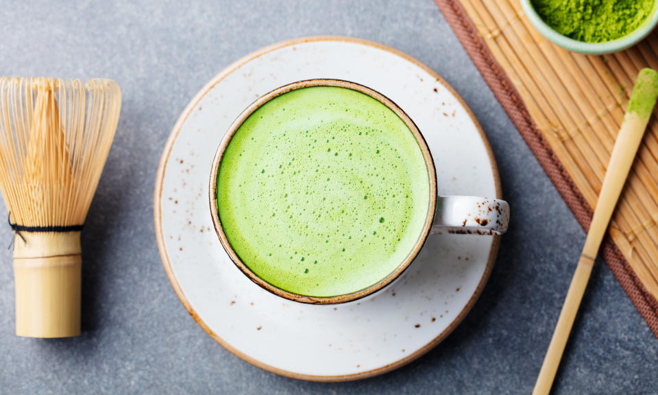 Matcha green tea latte in a cup 