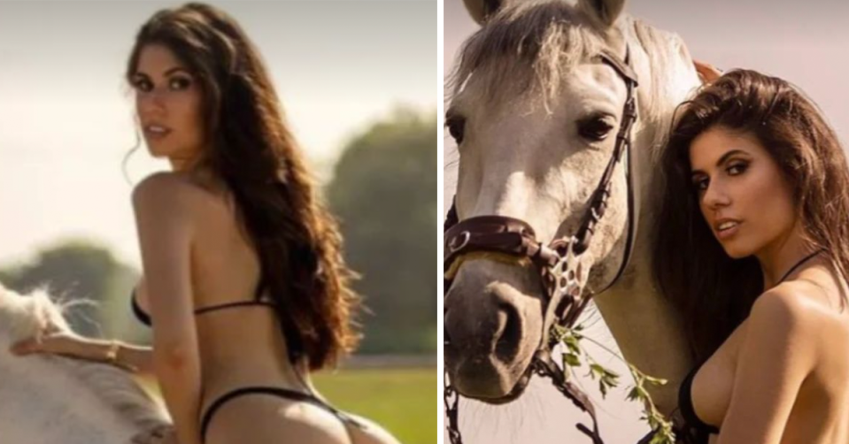 Ines Trocchia rides a horse in a black bikini.