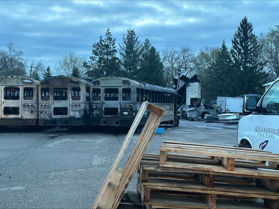 A fire broke out at the Kelloggsville Public Schools bus garage Friday morning. (April 19, 2024)