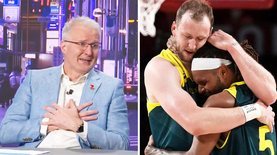 Andrew Gaze (pictured left) tearing up during Channel 7 broadcast and Joe Ingles and Patty Mills (pictured right) hugging and celebrating.