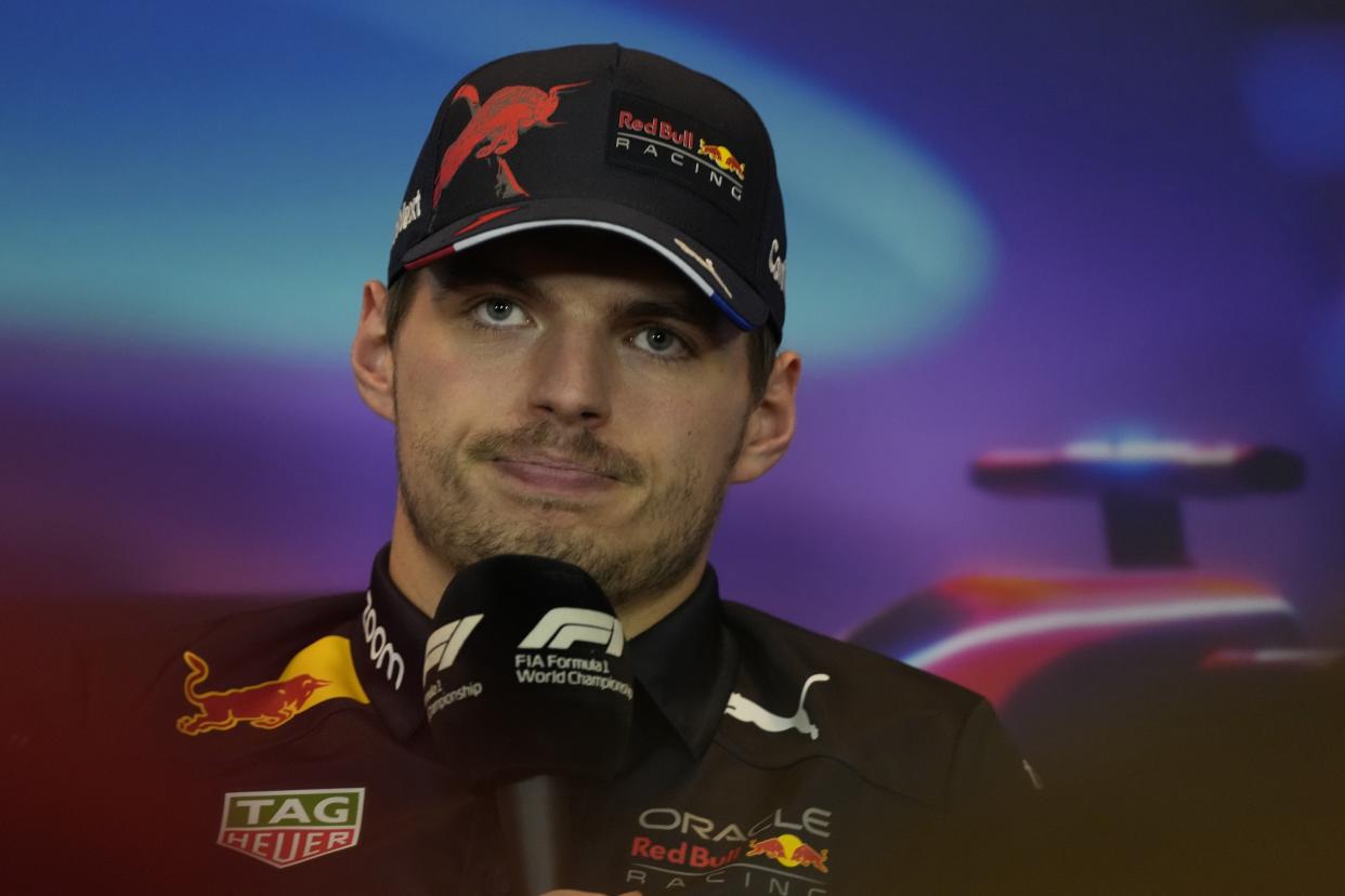 Max Verstappen of the Netherlands and Oracle Red Bull Racing, reacts in a press conference during ahead of the F1 Grand Prix of Abu Dhabi at Yas Marina Circuit in Abu Dhabi, United Arab Emirates, Thursday, Nov. 17, 2022. The Emirates Formula One Grand Prix will take place on Sunday. (AP Photo/Kamran Jebreili)