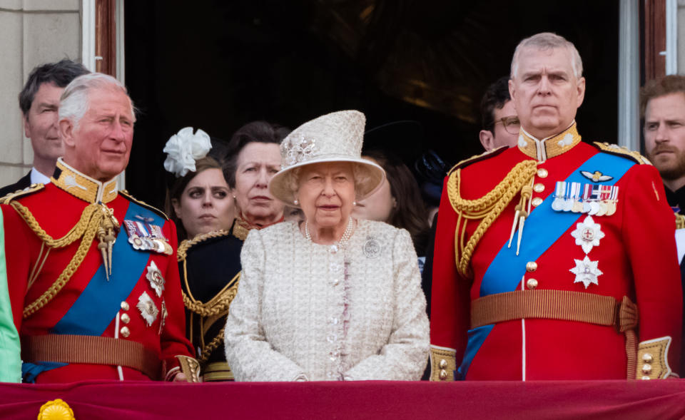 LONDON, ENGLAND - JUNE 08:  Prince Charles, Prince of Wales, Queen Elizabeth II and Prince Andrew, Duke of York appear on the balcony during Trooping The Colour, the Queen's annual birthday parade, on June 08, 2019 in London, England. (Photo by Samir Hussein/WireImage)