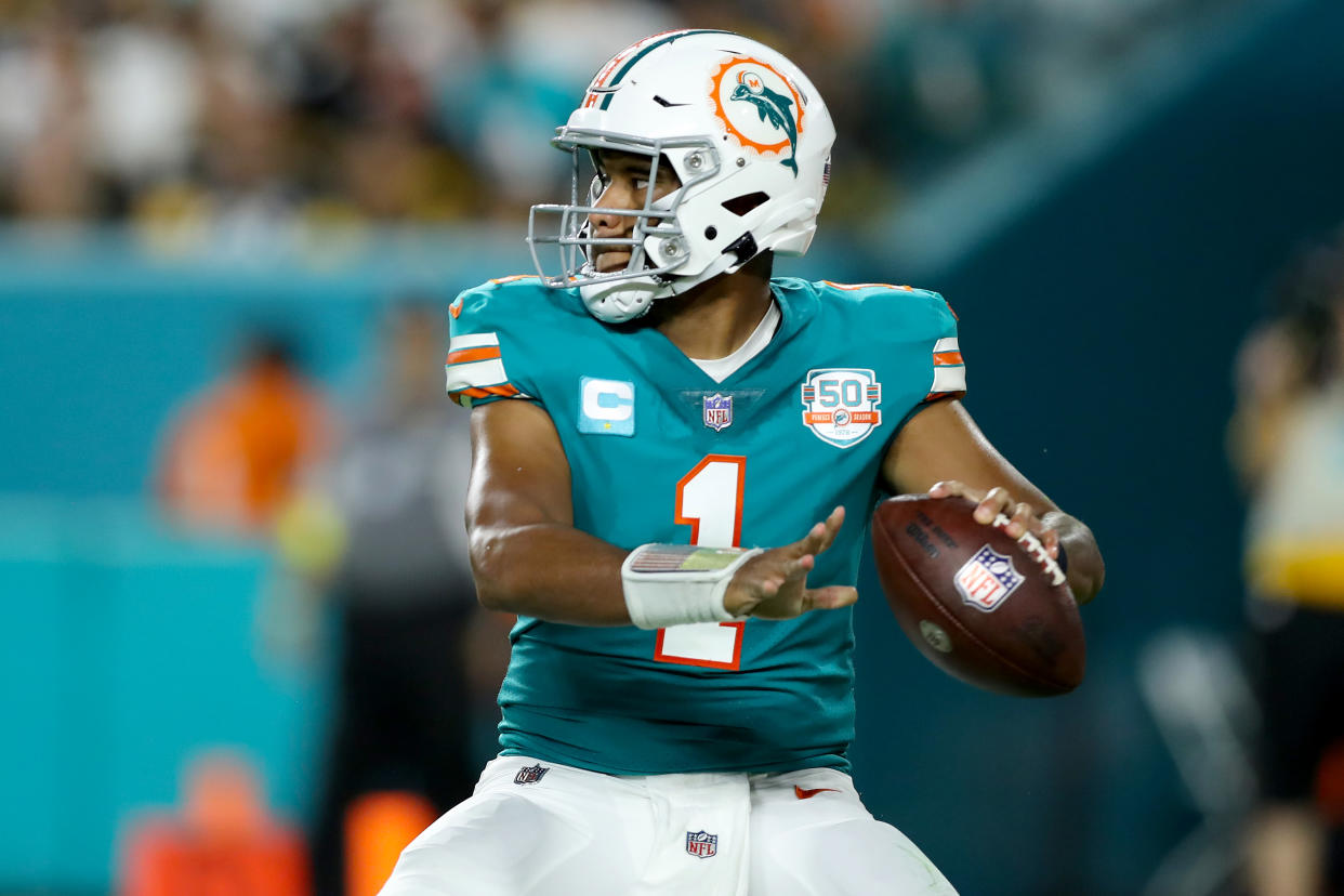 Tua Tagovailoa #1 of the Miami Dolphins has big fantasy potential in Week 8