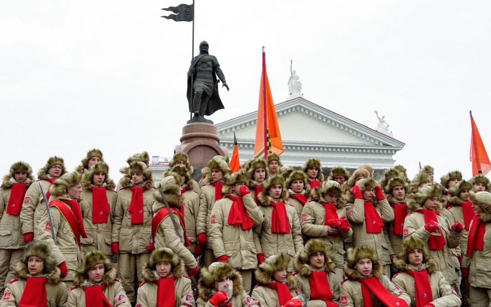 Russia's patriotic Youth Army cadets assemble in the city of Volgograd, where Vladimir Putin is due to speak later - AFP