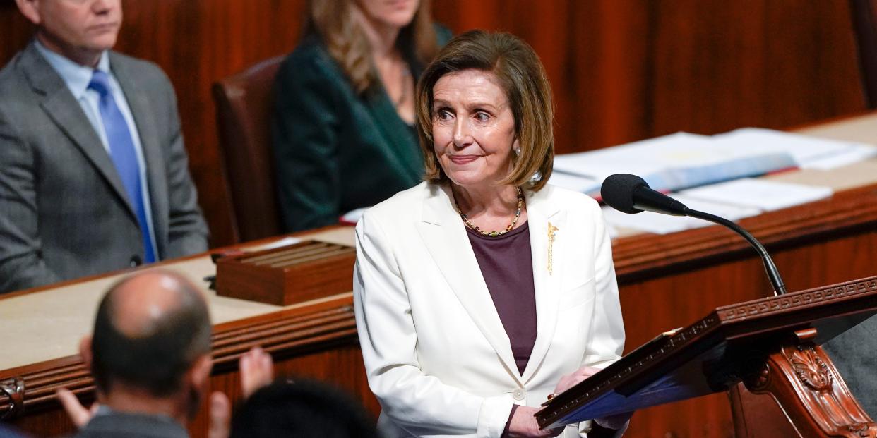 House Speaker Nancy Pelosi of Calif., acknowledges applauds from lawmakers after speaking on the House floor at the Capitol in Washington Thursday, Nov. 17, 2022.