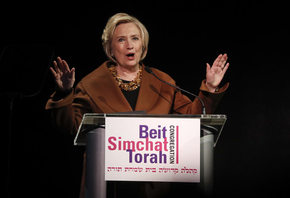 Former Secretary of State Hillary Clinton speaks during a benefit to celebrate the 25th anniversary of Rabbi Sharon Kleinbaum of Congregation Beit Simchat Torah, Monday, Dec. 4, 2017, in New York. (Photo: AP/Julie Jacobson)