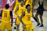 Maryland guard Hakim Hart (13) reacts after scoring a basket against Michigan State during the second half of an NCAA college basketball game, Sunday, Feb. 28, 2021, in College Park, Md. Maryland won 73-55. (AP Photo/Julio Cortez)