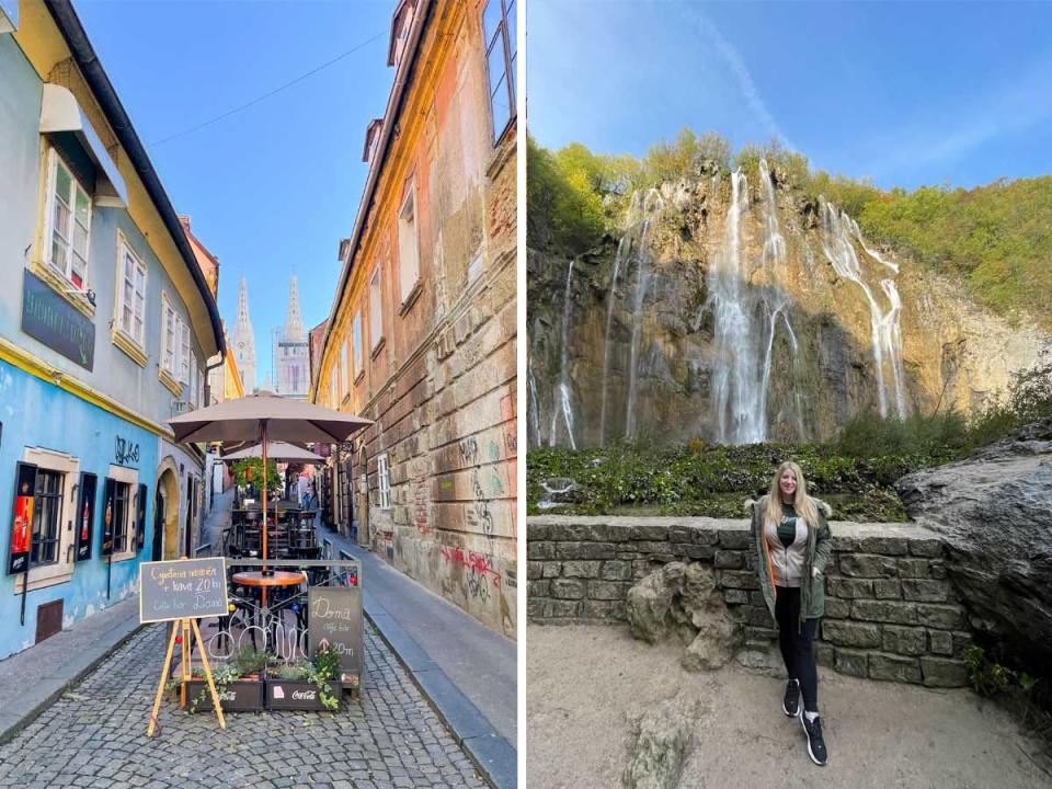 Side by side images of a charming European street and a woman posing in front of a waterfall.