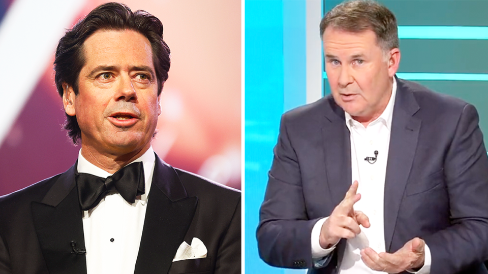 Reporter Tony Jones (pictured right) speaking on air and (pictured left) AFL CEO Gillon McLachlan during the Brownlow Medal.