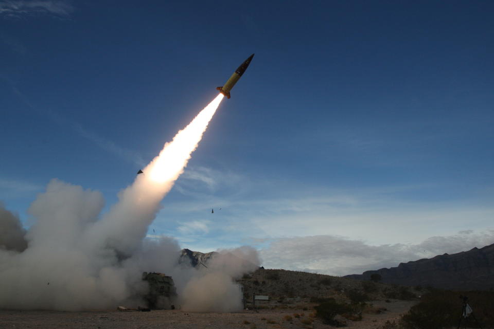 In this image provided by the U.S. Army, soldiers, from the 3rd Battalion, 321st Field Artillery Regiment of the 18th Field Artillery Brigade out of Fort Bragg N.C., conduct live fire testing at White Sands Missile Range, N.M., on Dec. 14, 2021, of early versions of the Army Tactical Missile System. Ukrainian leaders are begging the U.S. and Western allies for air defense systems and longer-range weapons to keep up the momentum in their counteroffensive against Russia and fight back against Moscow’s intensified attacks. Defense Secretary Lloyd Austin says allies are committed to sending weapons “as fast as we can physically get them there.” (John Hamilton/U.S. Army via AP)
