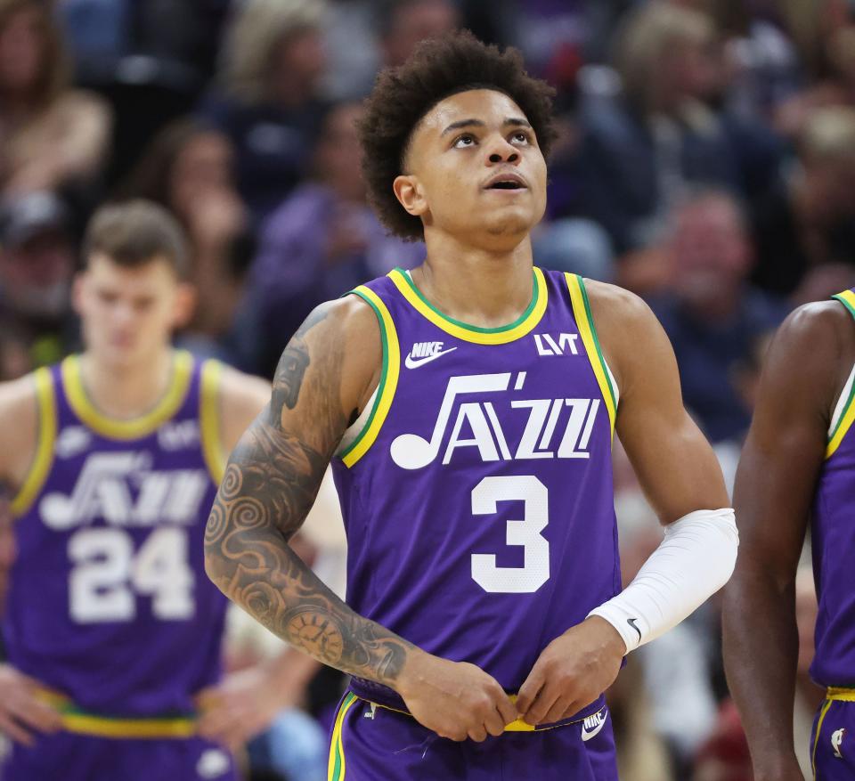 Utah Jazz guard Keyonte George (3) looks at the replay against the Sacramento Kings in Salt Lake City on Wednesday, Oct. 25, 2023. | Jeffrey D. Allred, Deseret News