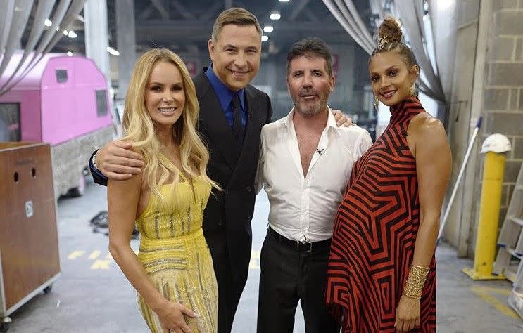 Amanda Holden, David Walliams, Simon Cowell and Alesha Dixon pose for a behind-the-scenes photo while filming 'Britain's Got Talent: The Champions' (David Walliams/Instagram)