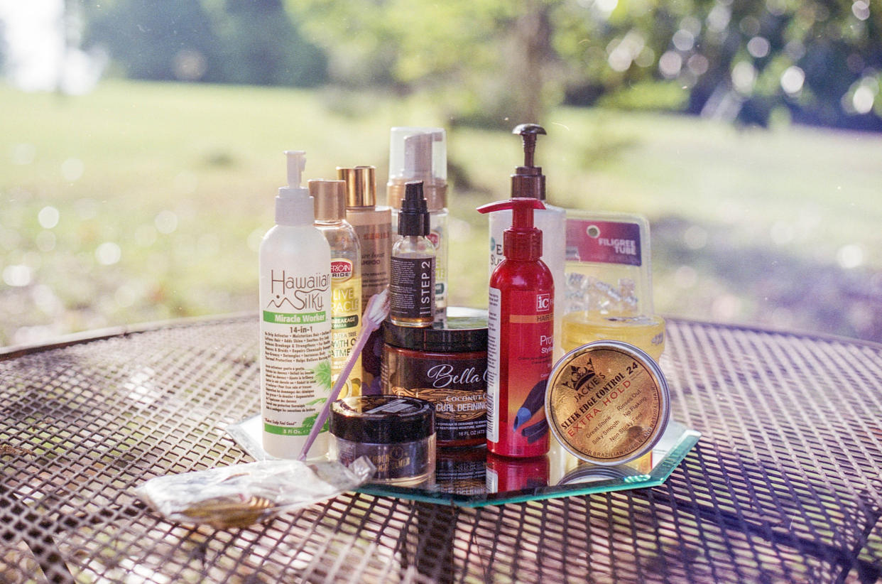 Image: Diamond Campbell's Hair products. (Imani Khayyam for NBC News)