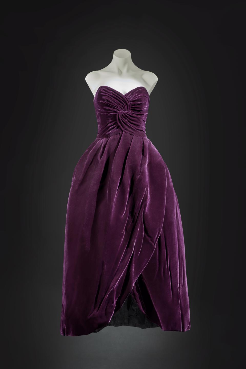 An aubergine velvet dress worn by the later late Diana, Princess of Wales, by Victor Edelstein 