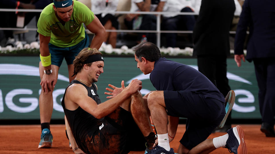 Alexander Zverev is set to miss Wimbledon after having surgery to repair the ligaments he tore in his foot against Rafael Nadal in the French Open semi-final. (Photo by Clive Brunskill/Getty Images)