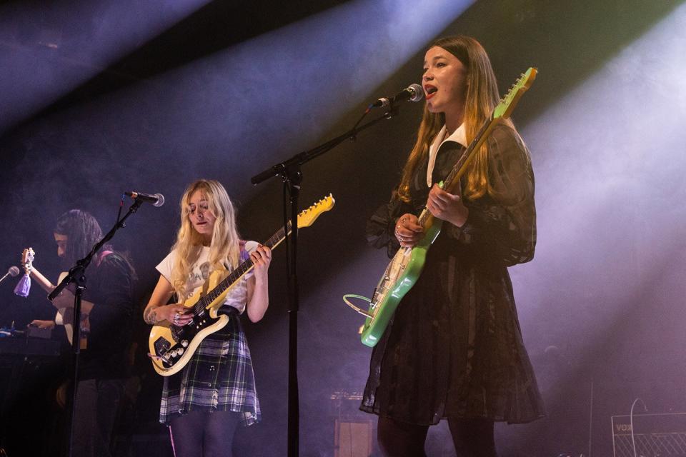 Hester Chambers and Rhian Teasdale of Wet Leg perform at The Forum on October 06, 2021 in London, England.