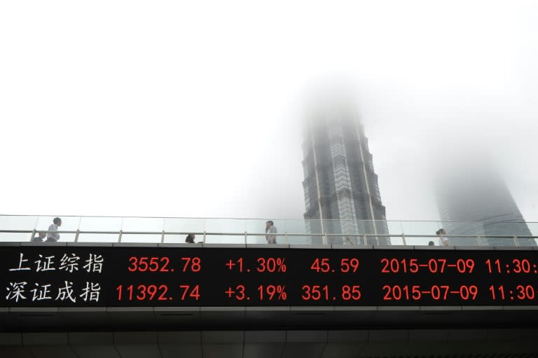 The Shanghai Composite Index (top) and the Shenzhen Component Index, seen on the side of an overpass in Shanghai, on July 9, 2015