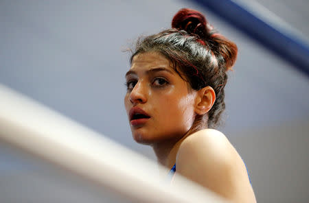 Iranian boxer Sadaf Khadem attends a training session in preparation to her first official boxing bout in Royan, France, April 11, 2019. REUTERS/Regis Duvignau