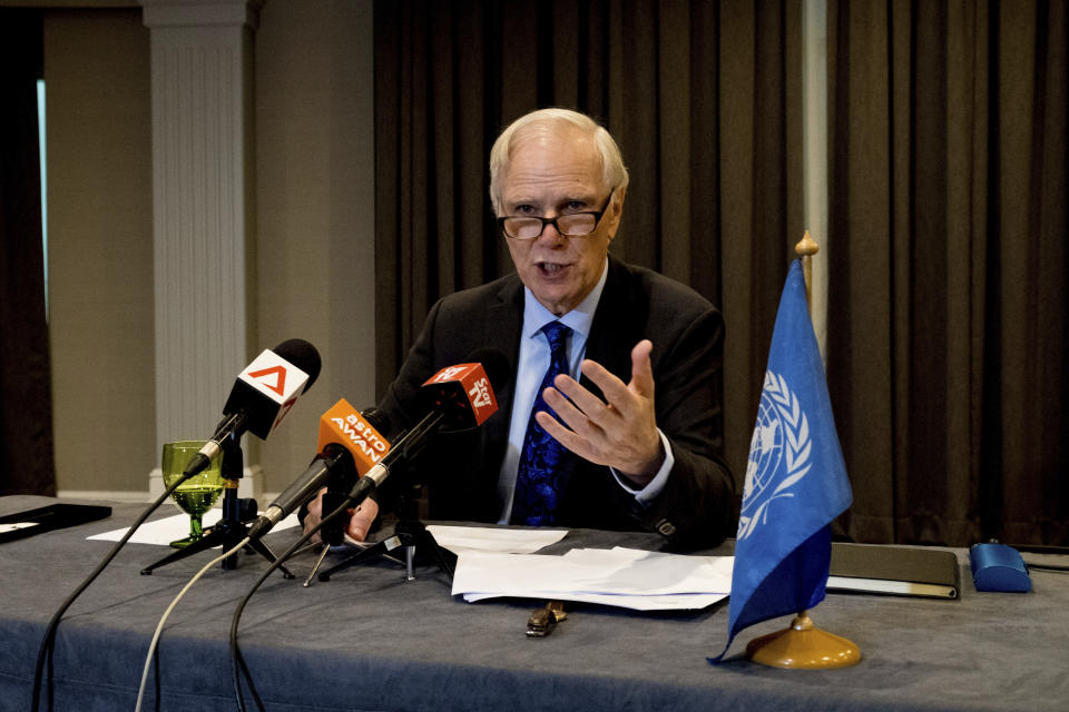 In this hand out picture taken Friday, Aug. 23, 2019, show Philip Alston, the U.N. rapporteur on extreme poverty and human rights, speaking during a press conference in Kuala Lumpur, Malaysia. Alston said Malaysia's official poverty rate, which fell from 49 percent in 1970 to just 0.4 percent in 2016, was "extremely artificial" and doesn't reflect the cost of living and excluded vulnerable populations. (Bassam Khawaja via AP)