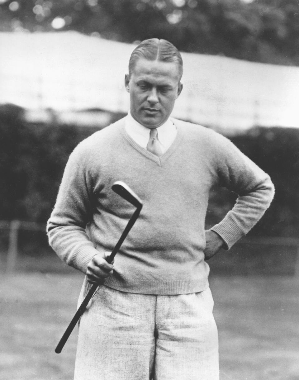 Bobby Jones, of Atlanta, Ga., is shown with his putter "Calamity Jane" at the National Amateur Championship at the Brae Burn Country Club in West Newton, Ma., Sept. 12, 1928. On June 5, 1925, Willie McFarlane beats Bobby Jones by one stroke in the second round of a playoff to capture the U.S. Open.