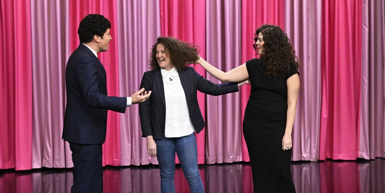 the tonight show starring jimmy fallon episode 1799 pictured l r host jimmy fallon with contestants tamara doherty and kami cotter during “perm week day 2” on tuesday, february 14, 2023 photo by todd owyoungnbc
