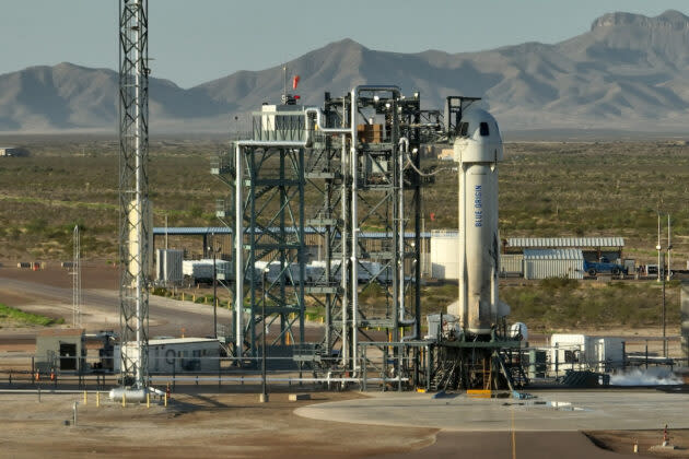 A photo from August 2022 shows Blue Origin’s New Shepard suborbital spaceship sitting on its West Texas launch pad in advance of the company’s most recent crewed mission. (Blue Origin Photo)