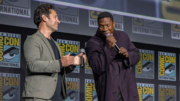 PHOTO: Paul Rudd and Jonathan Majors, right, speak at the Marvel Cinematic Universe Mega-Panel during  2022 Comic-Con International, July 23, 2022, in San Diego, Calif. (Daniel Knighton/Getty Images)