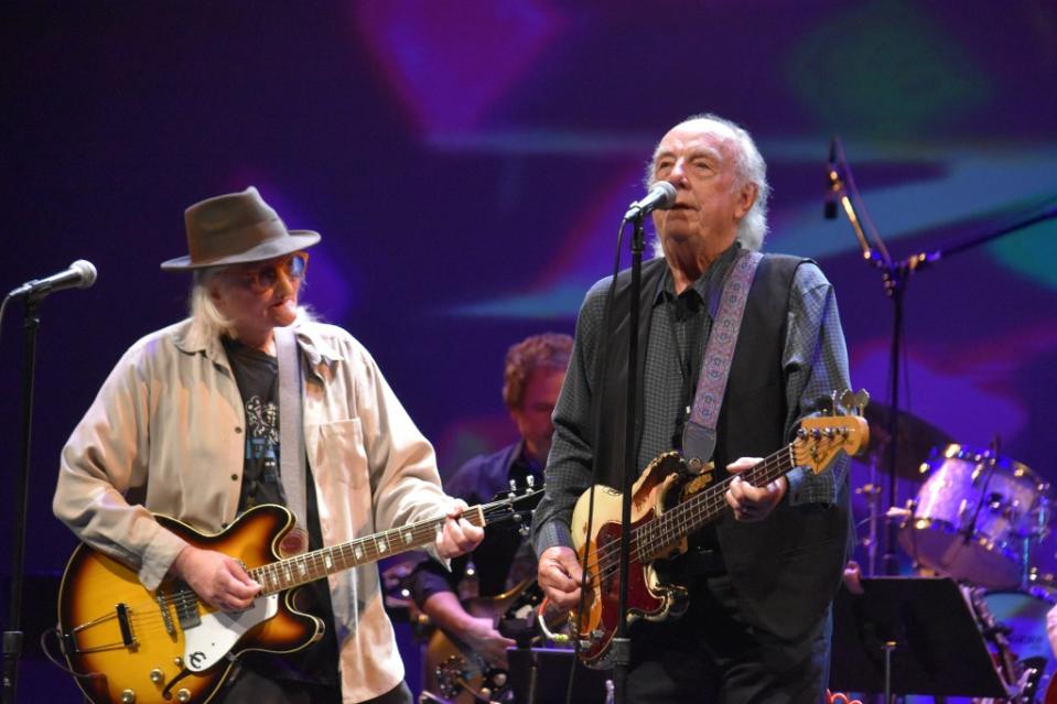 The Leaves’ John Beck (left) and Jim Pons at the “Nuggets” concert at the Alex Theatre in Glendale, Calif., May 19, 2023 (Chris Willman/Variety)