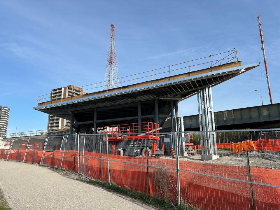 The showcase building of the Legacy Beacon project on Windsor's riverfront, meant to house the restored Streetcar No. 351. Under construction in April 2024.