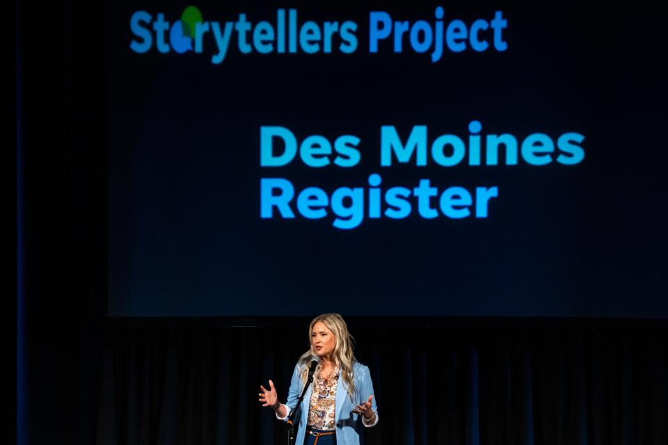 Olesya Holker tells a story during the Des Moines Storytellers Project's "Travel" show at Hoyt Sherman Place on Tuesday, June 20, 2023, in Des Moines.