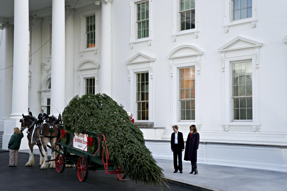 U.S. First Lady Melania Trump, right, and son Barron Trump view the White House Christmas Tree at the North Portico of the White House in Washington, D.C., on Nov. 20, 2017. Silent Night Evergreens presented the Wisconsin-grown Christmas Tree to Melania and the tree will be displayed in the White House Blue Room.