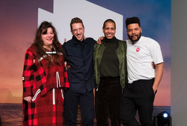 <span class="caption">Tai Shani, Helen Cammock, Oscar Murillo and Lawrence Abu Hamdan won the 2019 Turner Prize as a collective in what they called a ‘statement of solidarity’.</span> <span class="attribution"><a class="link " href="https://webgate.epa.eu/webgate" rel="nofollow noopener" target="_blank" data-ylk="slk:Vickie Flores/EPA;elm:context_link;itc:0;sec:content-canvas">Vickie Flores/EPA</a></span>