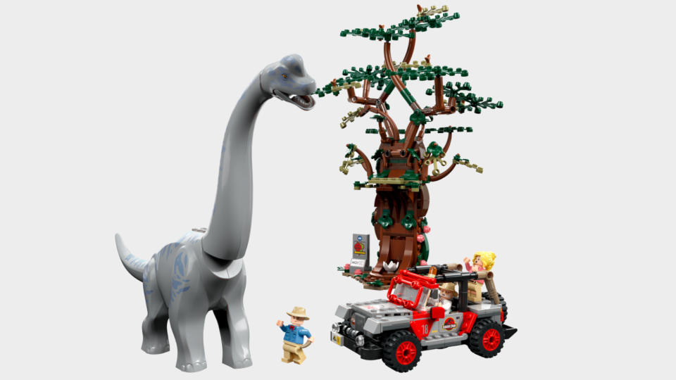 The Lego Brachiosaurus Discovery set on a plain background