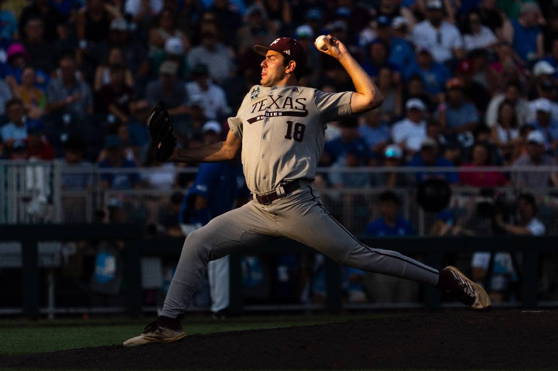 Texas A&M starting pitcher Ryan Prager didn’t give up a run against Kentucky on Monday night at Charles Schwab Field in Omaha, Nebraska.