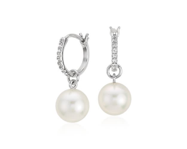 Freshwater Cultured Pearl And White Topaz Drop Hoop Earrings In Sterling Silver