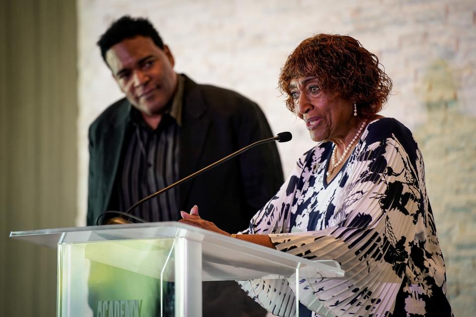 Charley Pride’s widow, Rozene Pride, and son, Dion Pride, speak during the “I’m Just Me: A Charley Pride Celebration of Inclusion” event in Frisco, Texas., Tuesday, May 14, 2024.