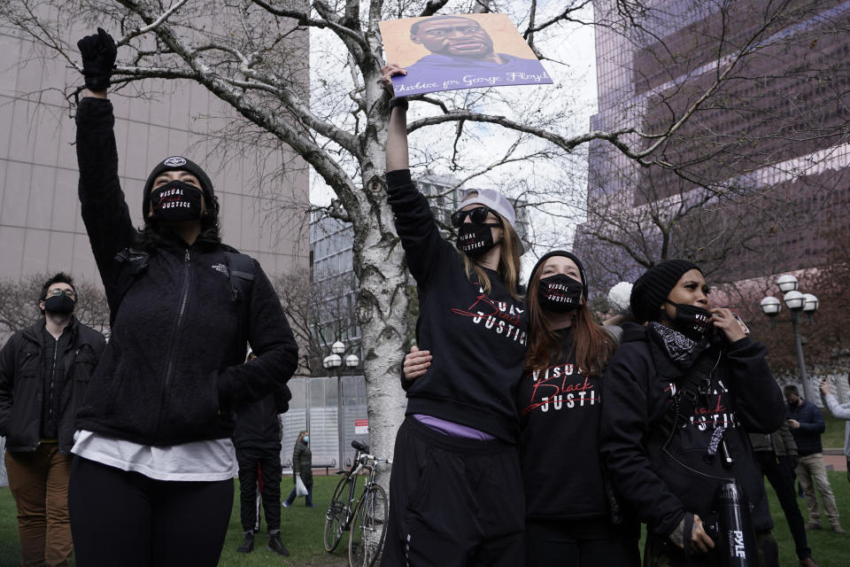 People cheer after a guilty verdict was announced at the trial of former Minneapolis police Officer Derek Chauvin for the 2020 death of George Floyd, Tuesday, April 20, 2021, in Minneapolis, Minn. Former Minneapolis police Officer Derek Chauvin has been convicted of murder and manslaughter in the death of Floyd. (AP Photo/Morry Gash)