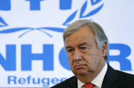 United Nations High Commissioner for Refugees (UNHCR) Antonio Guterres speaks to the media about the refugee crisis in Europe, following their bilateral meeting at the UNHCR headquarters in Geneva, Switzerland, in this September 4, 2015 file photo. REUTERS/Denis Balibouse/Files