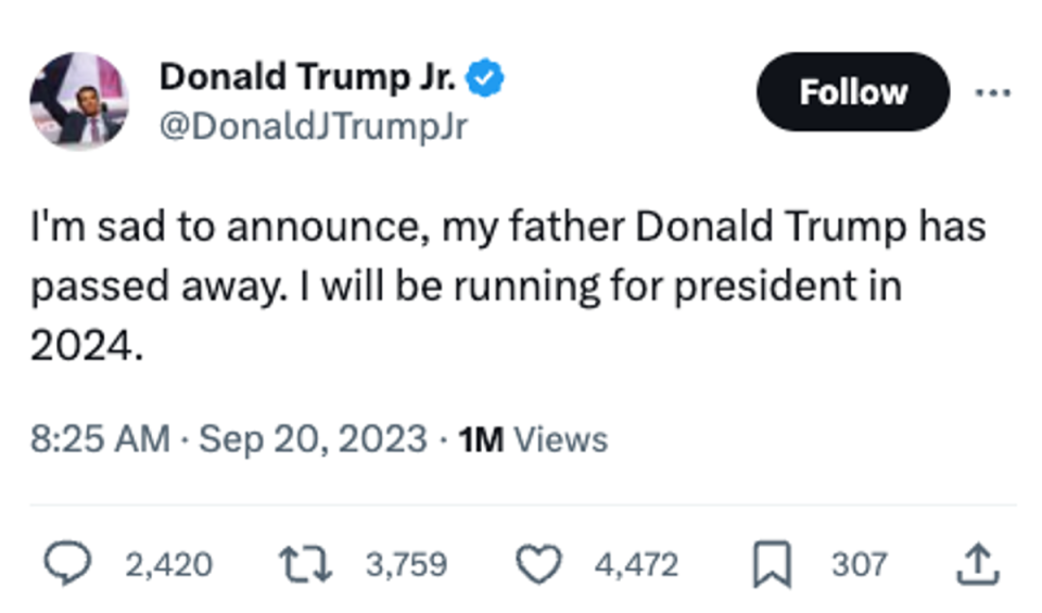Donald Trump Jr appeared to have his account hacked (Screenshot / X)