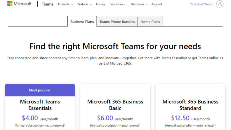 Website screenshot for Microsoft Teams