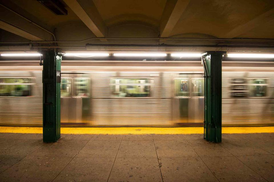 <p>Getty</p> Stock image of a New York subway car approaching a station