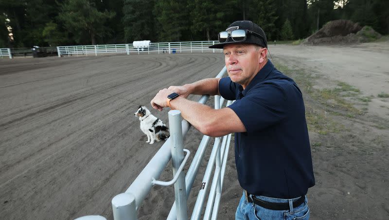 Former college football coach Bronco Mendenhall looks over his ranch in Bigfork, Montana, on Wednesday, July 19, 2023.