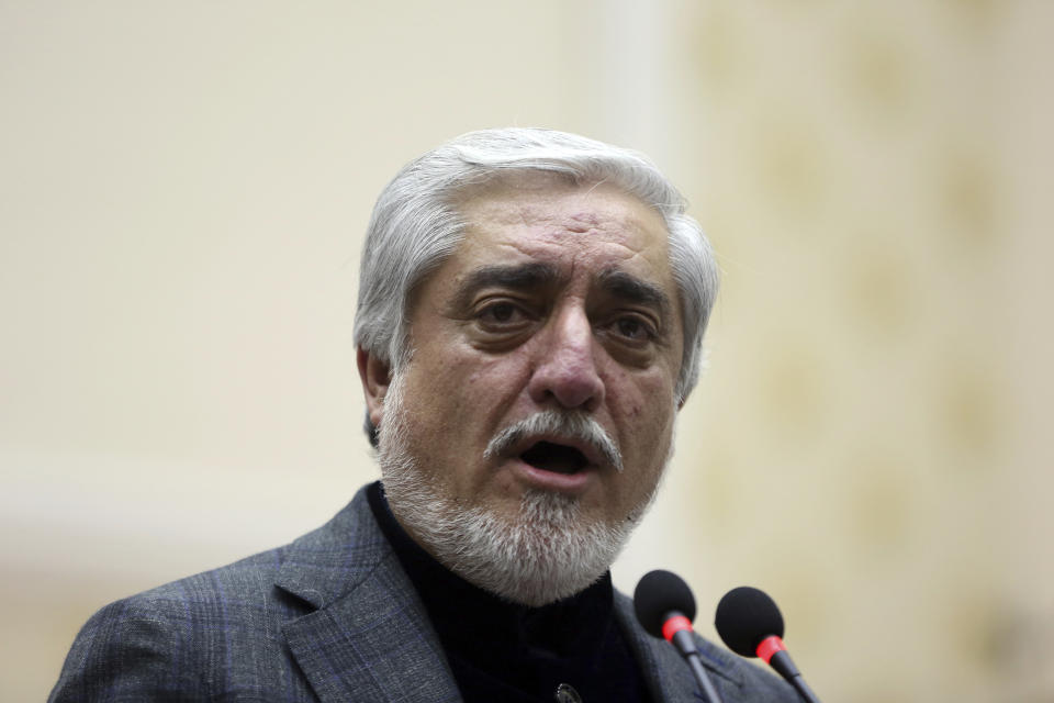 Afghan presidential candidate Abdullah Abdullah, speaks during a press conference in Kabul, Afghanistan, Sunday, Dec. 22, 2019. Afghanistan's election commission said the country's incumbent President Ashraf Ghani has won a second term in office, according to a preliminary vote count. But his opponents can still challenge the results that were announced on Sunday. (AP Photo/Rahmat Gul)