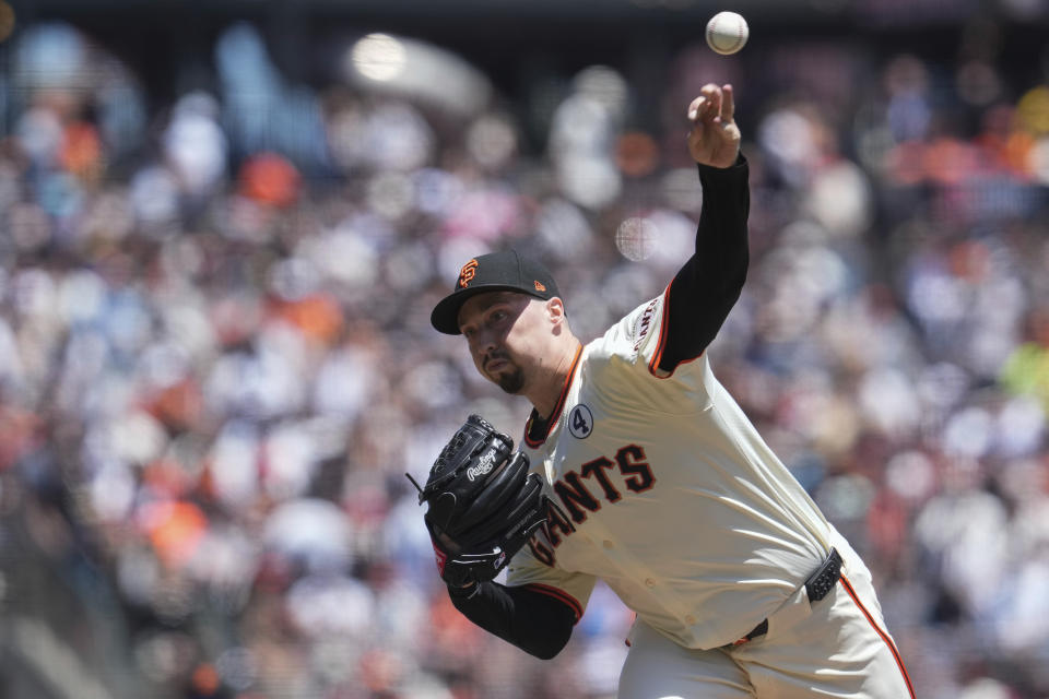 San Francisco Giants pitcher Blake Snell throws to a New York Yankees batter during the first inning of a baseball game, Sunday, June 2, 2024, in San Francisco. (AP Photo/Godofredo A. Vásquez)