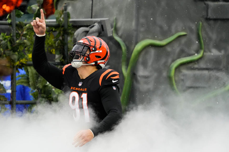 Bengals Trey Hendrickson (91) enters the field for the Bengals vs. Colts game at Paycor Stadium on Sunday December 10, 2023. The game was tied 14-14 at halftime.