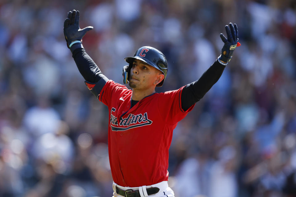 Cleveland Guardians' Andres Gimenez celebrates as he rounds the bases after hitting a game-winning, two-run home run against the Minnesota Twins during the ninth inning of a baseball game Thursday, June 30, 2022, in Cleveland. (AP Photo/Ron Schwane)