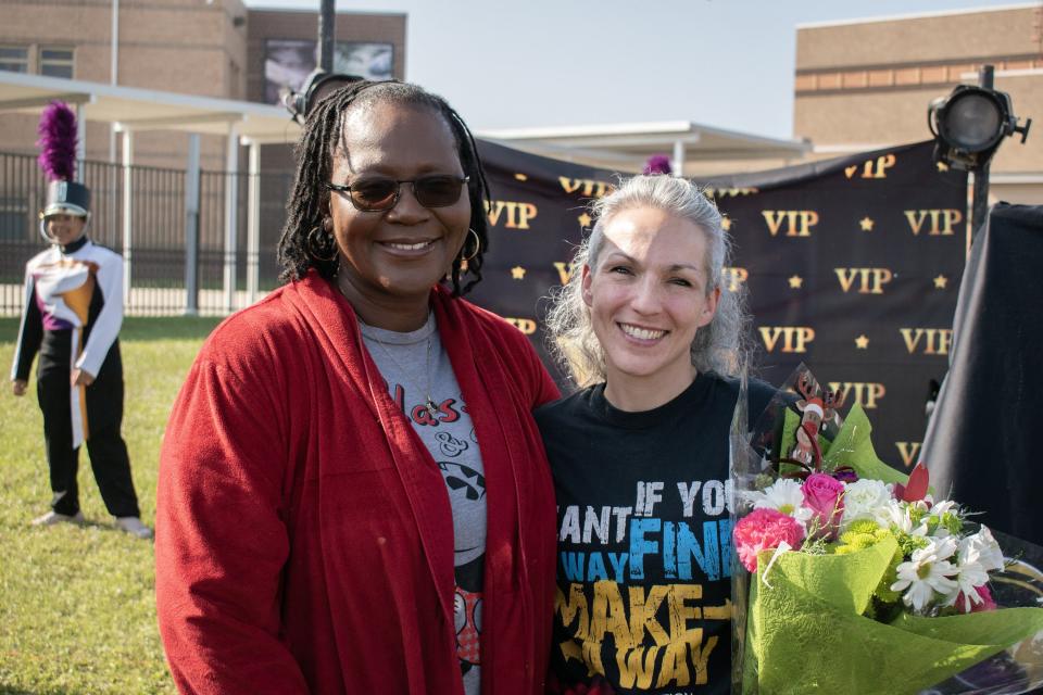 Courtney Smith (right), Sarasota County's 2023 High School Teacher of the Year, with Booker High Principal Rachel Shelley.