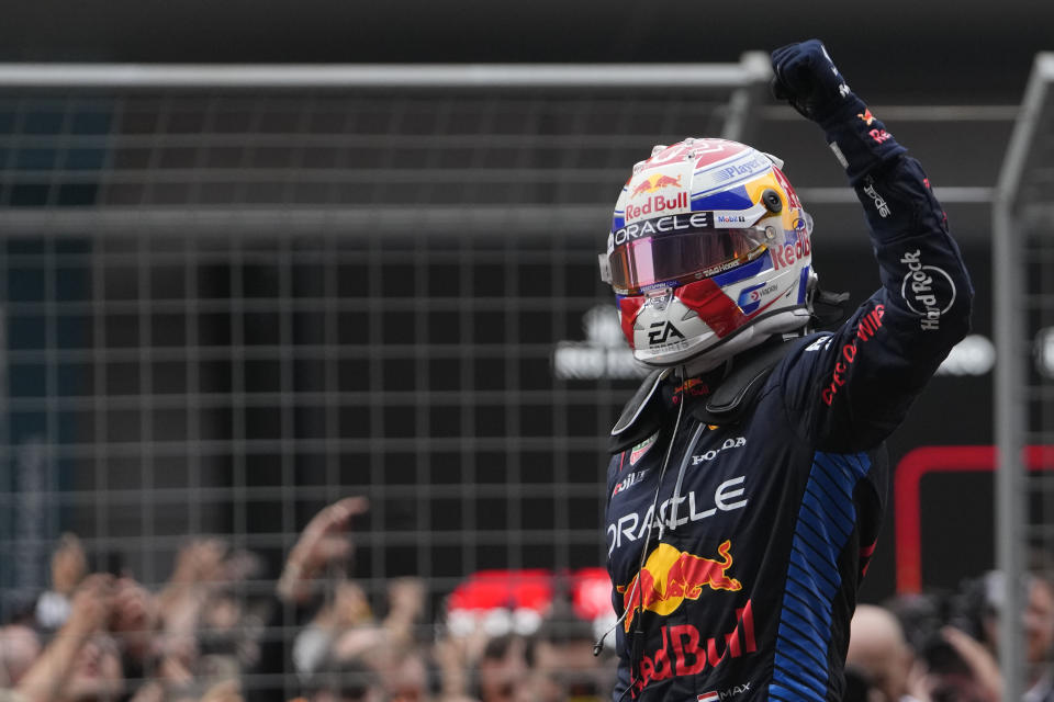 Red Bull driver Max Verstappen of the Netherlands celebrates after winning the Chinese Formula One Grand Prix at the Shanghai International Circuit, Shanghai, China, Sunday, April 21, 2024. (AP Photo/Andy Wong)
